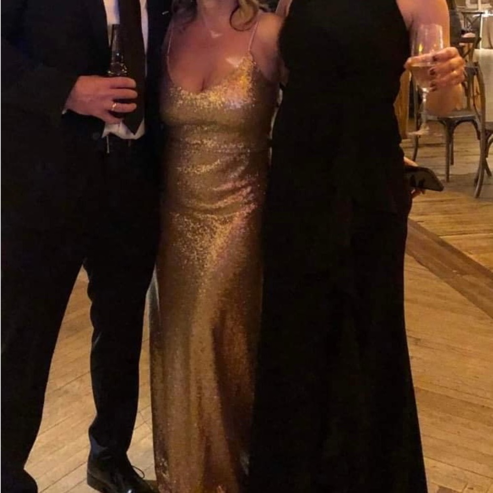 Jenny Woo, glamorous, long, Gold Sequin Evening Dress. Perfect for holiday NWT